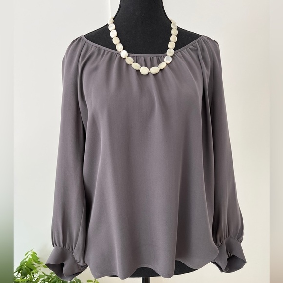 JOIE Grey Silk Flowy Boho Blouse Tie Neck Low Scoop Neck Relaxed Fit High Low - Picture 1 of 13